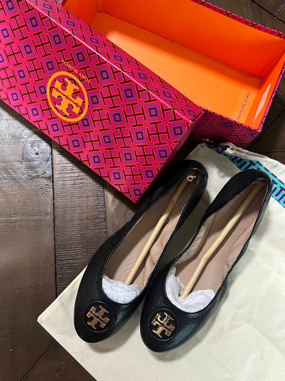 Tory Burch Black Leather Logo Ballet Flats